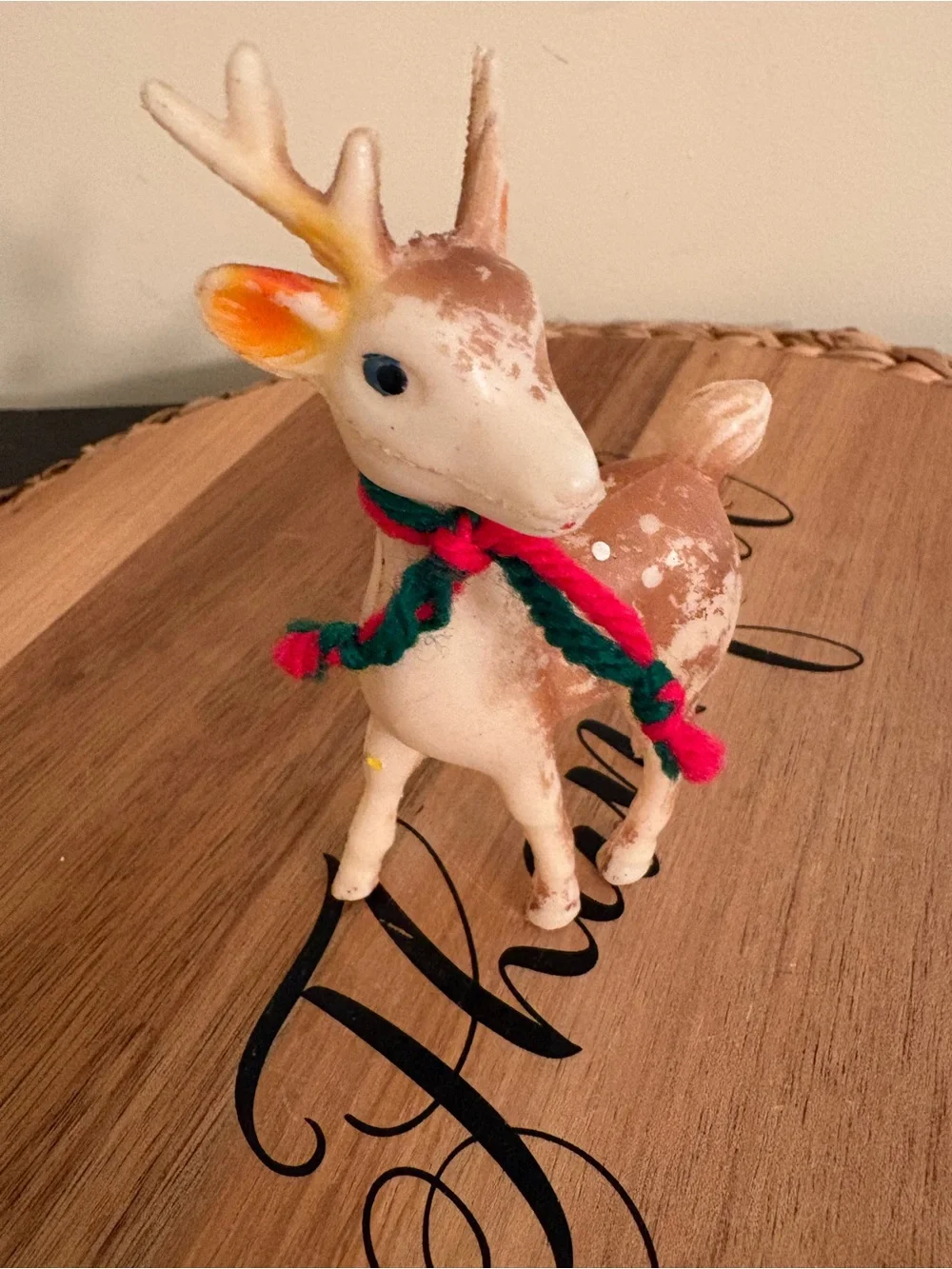 Vintage Brown & Cream Reindeer Figurine with Red and Green Scarf Plastic
